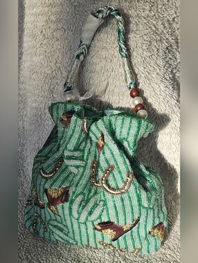 NWT Viral TikTok Handcrafted In India Beaded Green Western Boot Drawstring Bag